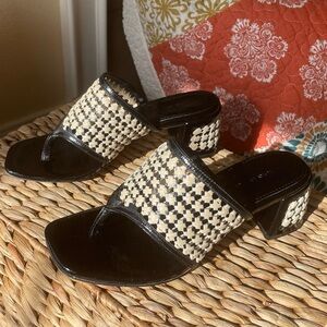 Tory Burch Raffia Block Heel Sandal Perfect Patent Leather Black and Natural